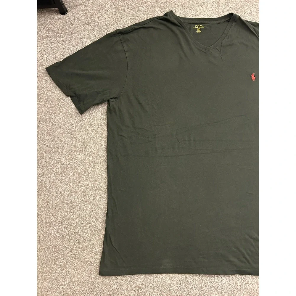 Polo Ralph Lauren V-Neck T-Shirt Mens 2XLT Olive Green Excellent Red Pony Logo